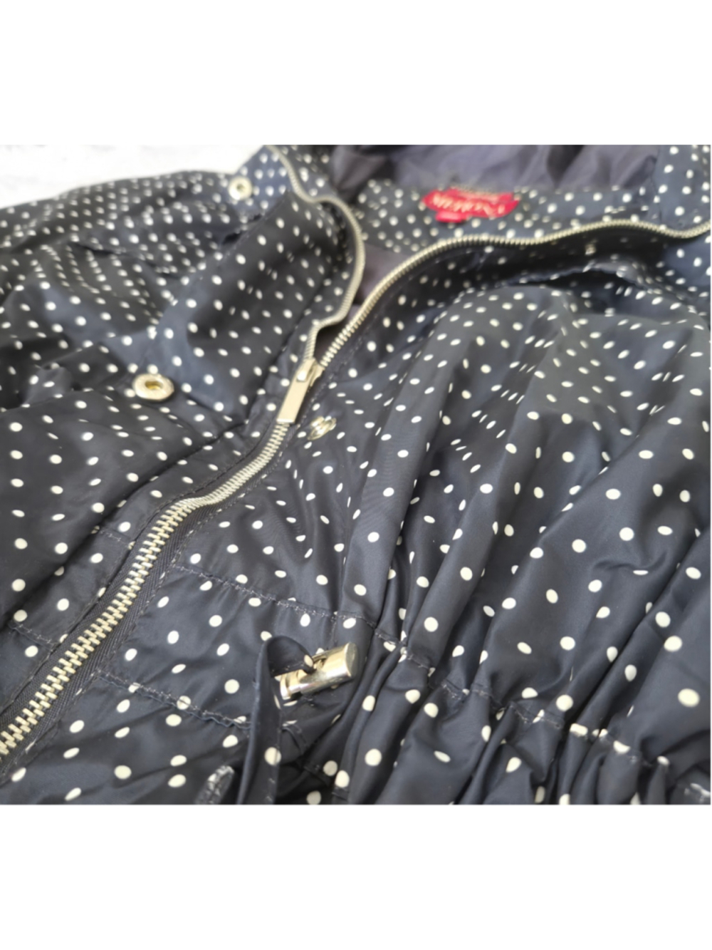 Merona Womens Rain Jacket L Navy White Polka Dot Hooded Anorak Preppy Water Resi